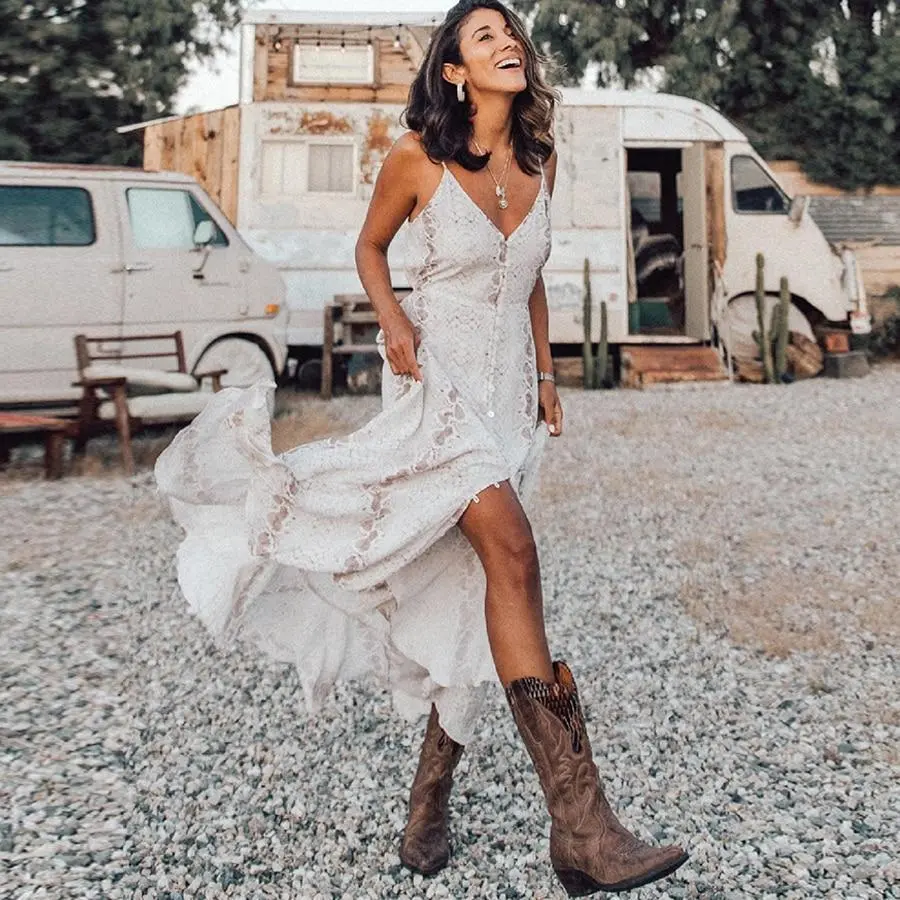 Sleeveless Strap Irregular Ruffles Boho White Maxi Dress