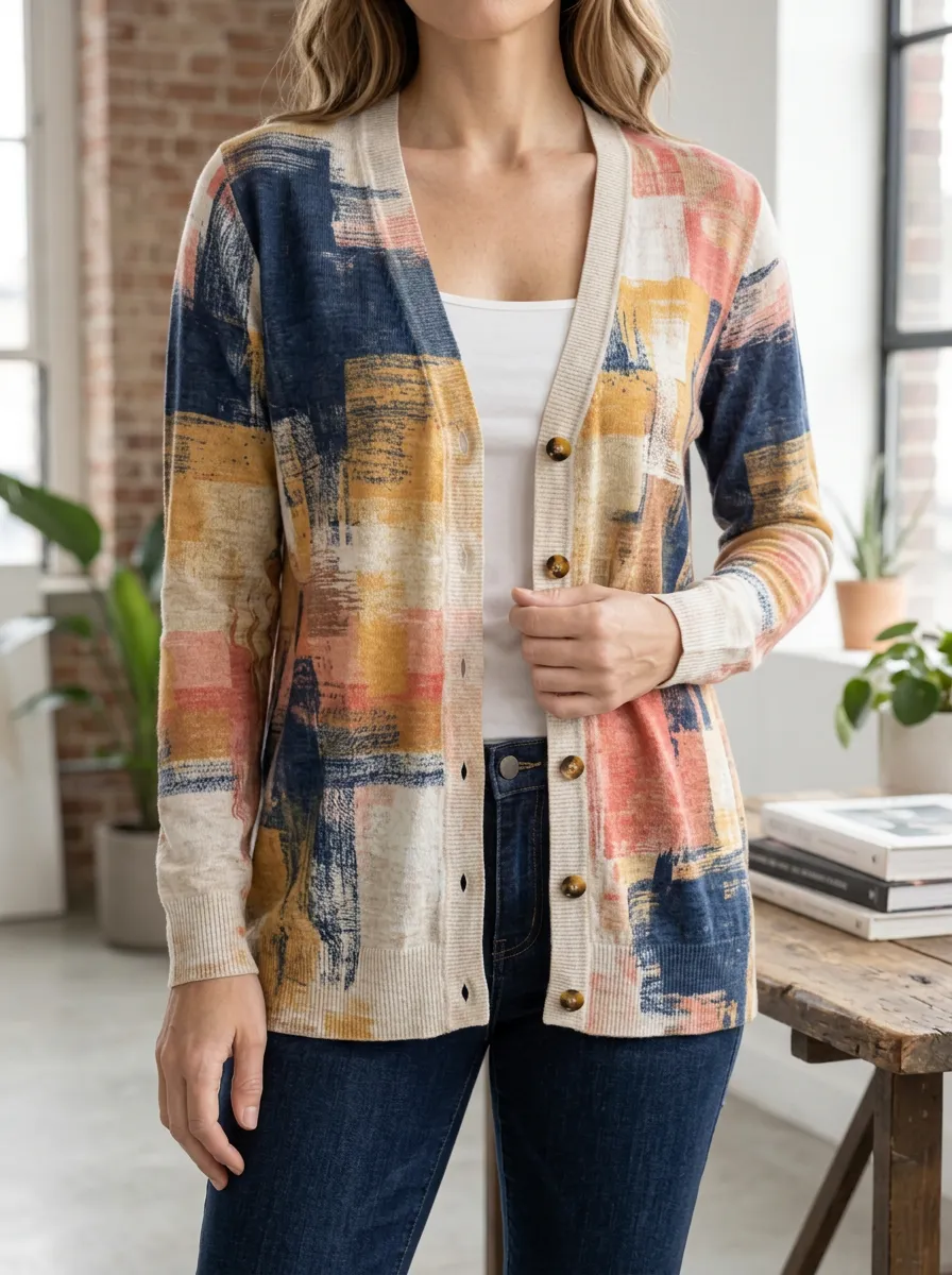 Women's Abstract Art Pattern Printed Button Front Classic Layering Cardigan