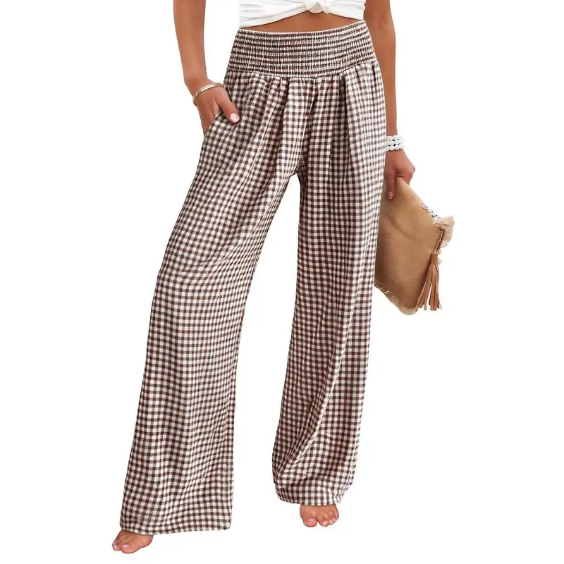 Women's High-Waisted Casual Striped And Checkered Wide-Leg Pants