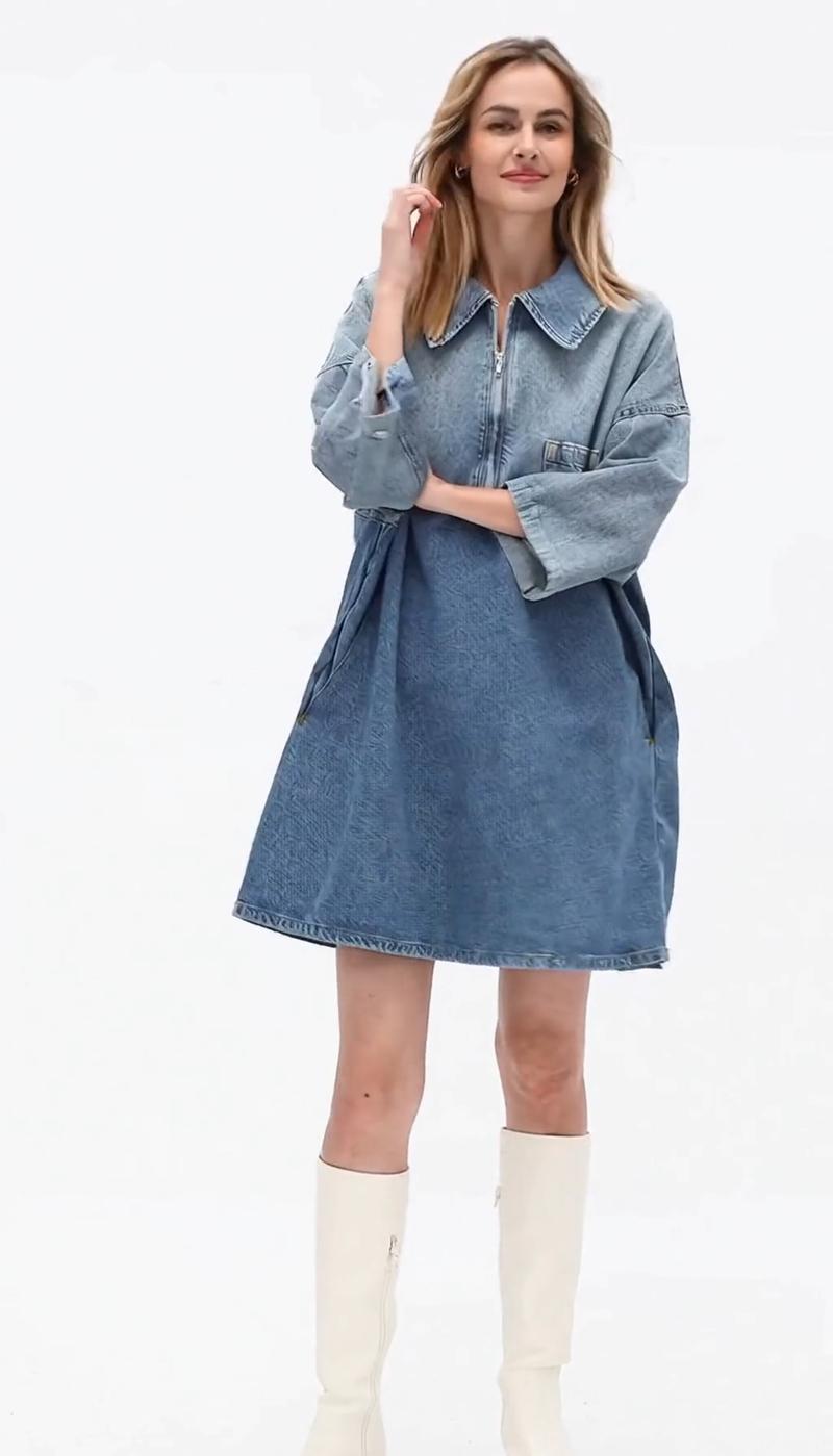 Women's Half-Zip Collared Denim Dress – Clearance Sale, Selling at a Loss!