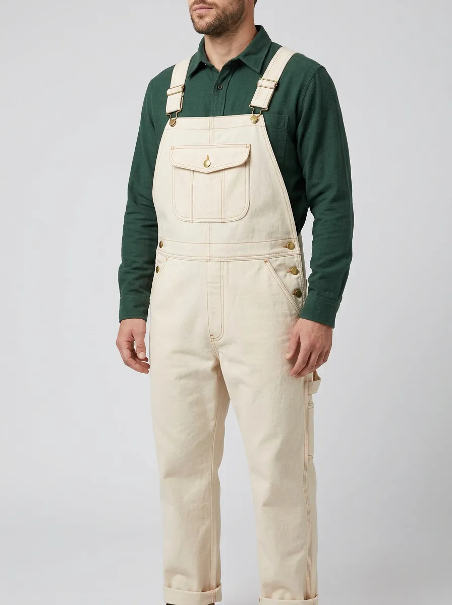 Men's Casual Vintage Off-White Cotton Denim Overalls