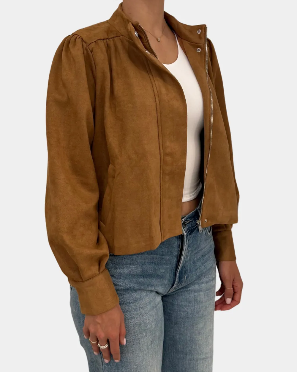 Gathered Suede Zip Front Jacket