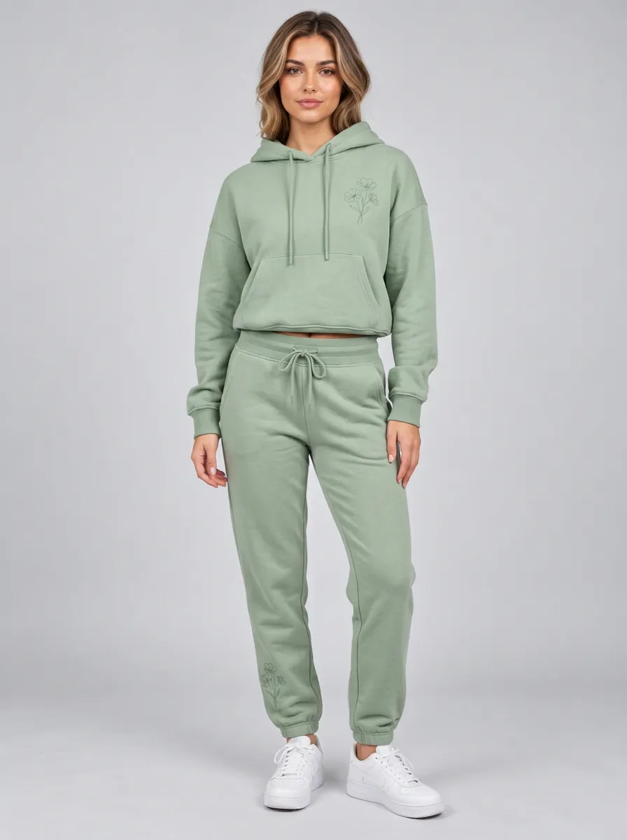 Women's Sage Green Cropped Hoodie Cuffed Pants Solid Hoodie & Pants Set