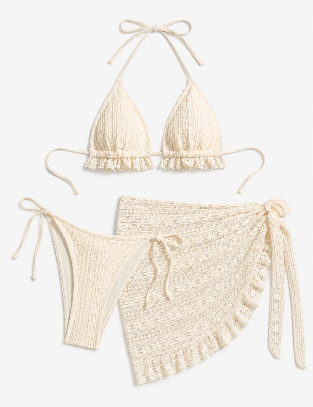 Solid Color Crochet Triangle Bikini Set with Cover Up Skirt