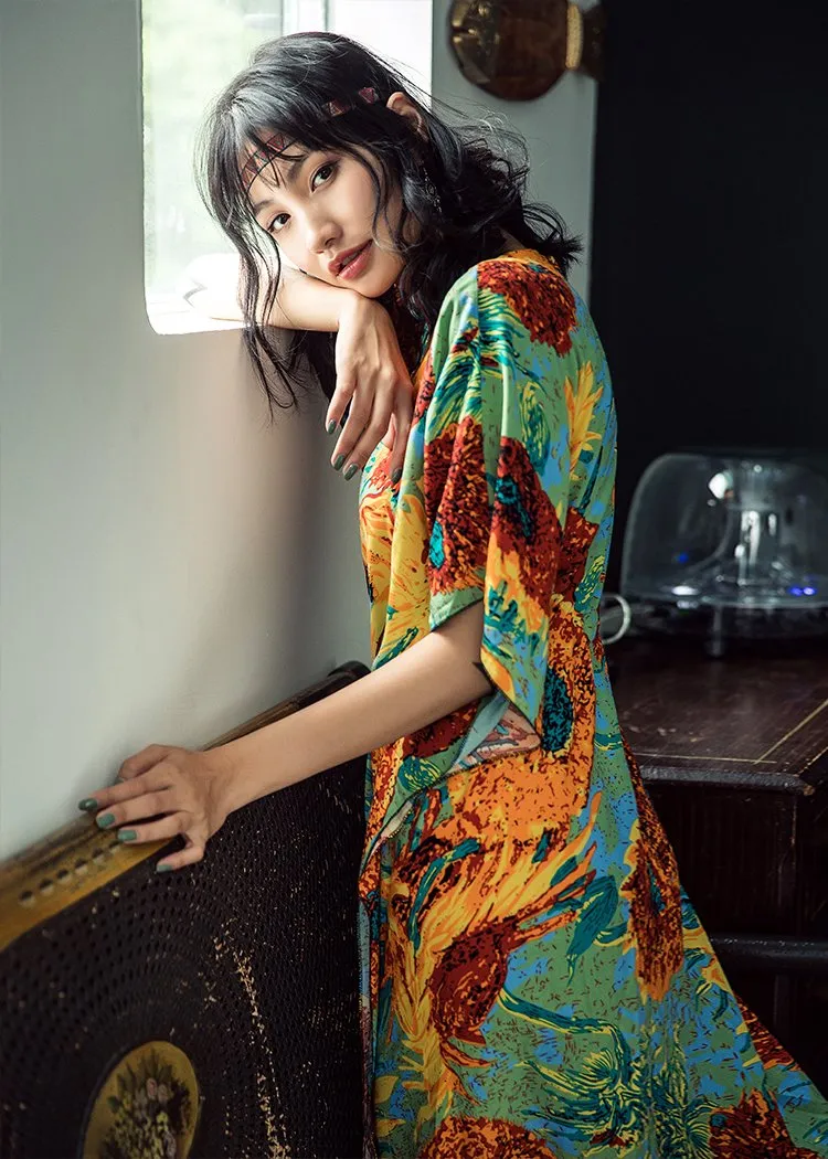 Boho Batwing Sleeves Sunflower Printed Maxi Dress