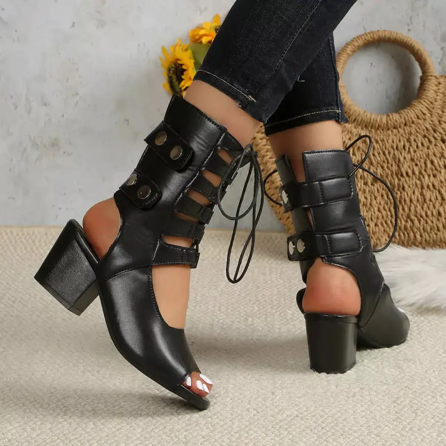 Classic Lace Up Block Heels Sandals