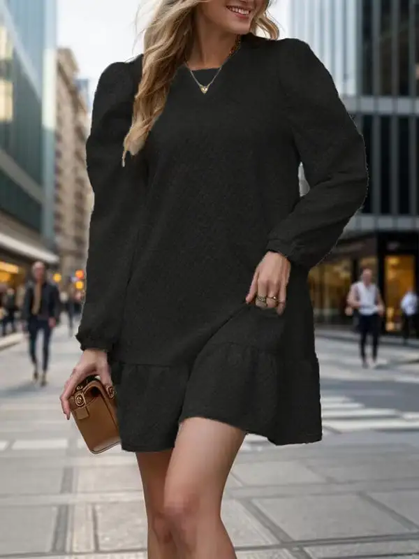 A Line Long Sleeve Jacquard Pleated Solid Color Split Joint Round