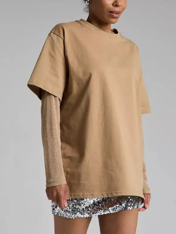 Layered Look Relaxed Sheer Panel Detail Sun Protection Round Neck T-Shirt