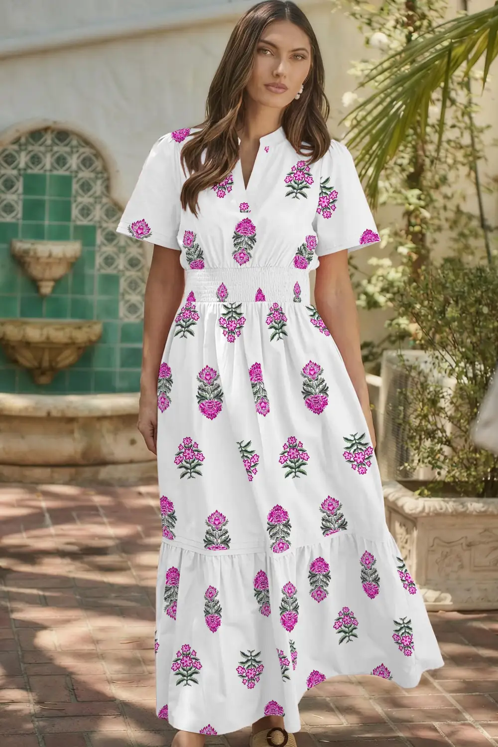 Polished Detail Floral Printed Split Neck Maxi Dress