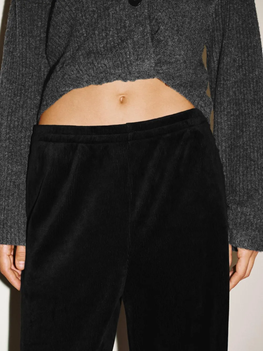 Ladies Black Plush Casual Straight-Leg Trousers