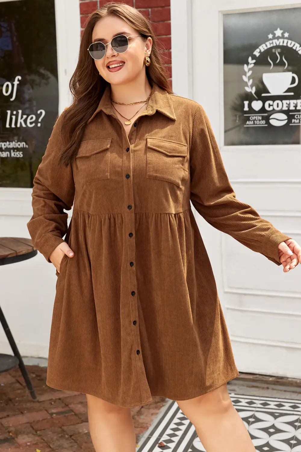Corduroy Button Front Collared Dress Casual