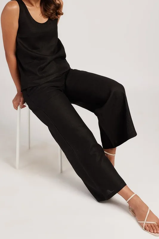Black Linen Matching Set with Round-Neck Tank & Wide-Leg Pants