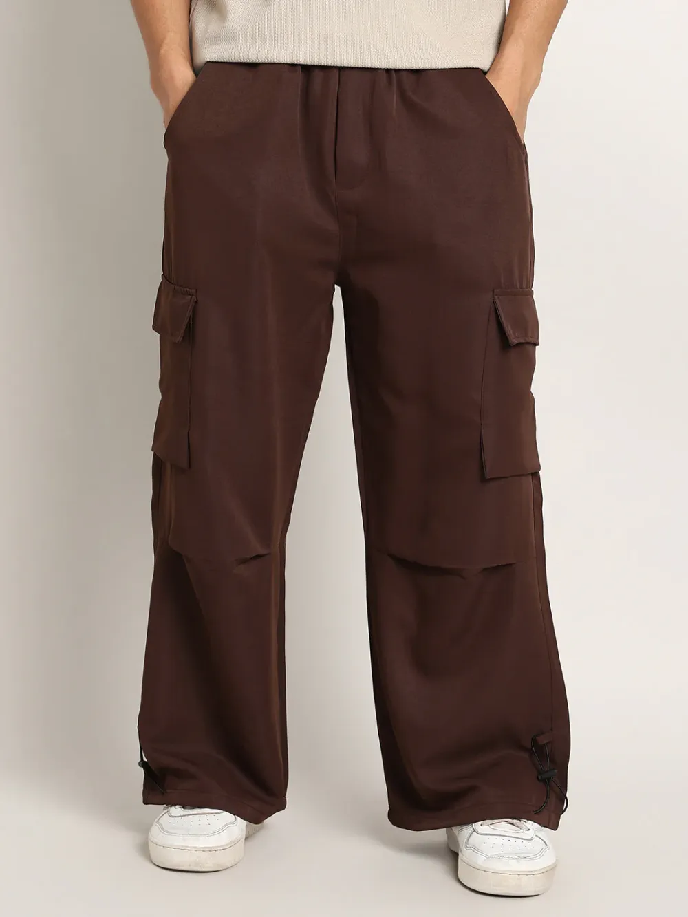 Brown Mid-Waist Relaxed Cargo Trousers