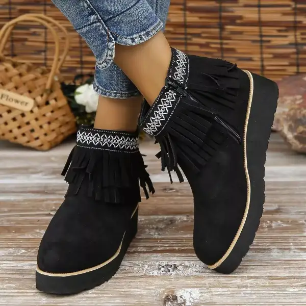 Fringe Round Toe Ankle Boots