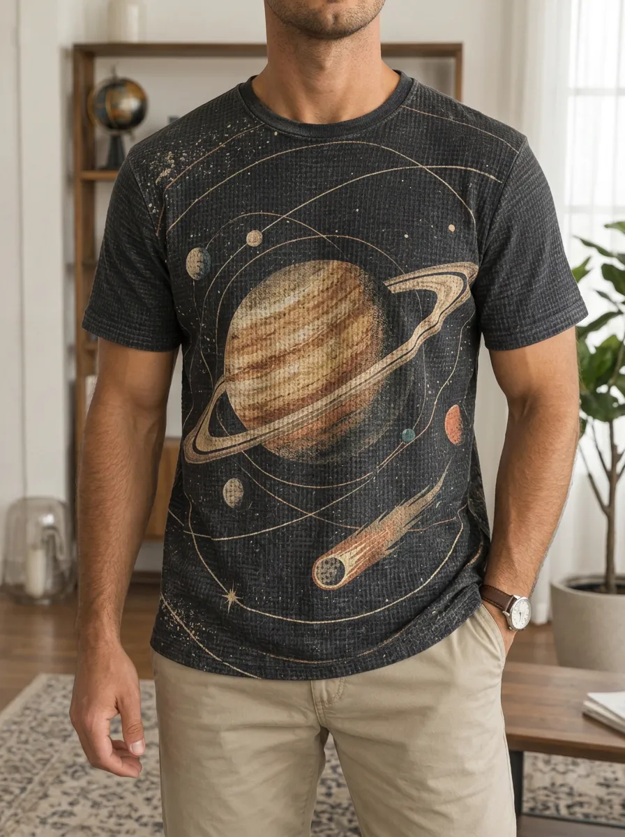 Men's Space Astronomy Lover Saturn Planet Statement Crew Neck T-Shirt