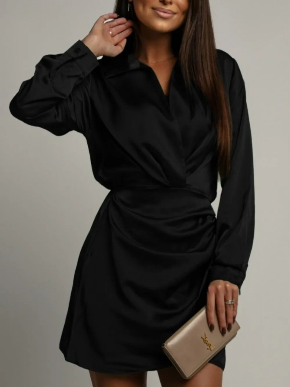 Satin Long Sleeve Collared Dress Casual