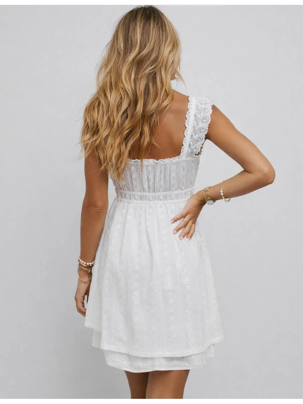 Eyelet Embroidery Square Neck Ruffle Mini Dress