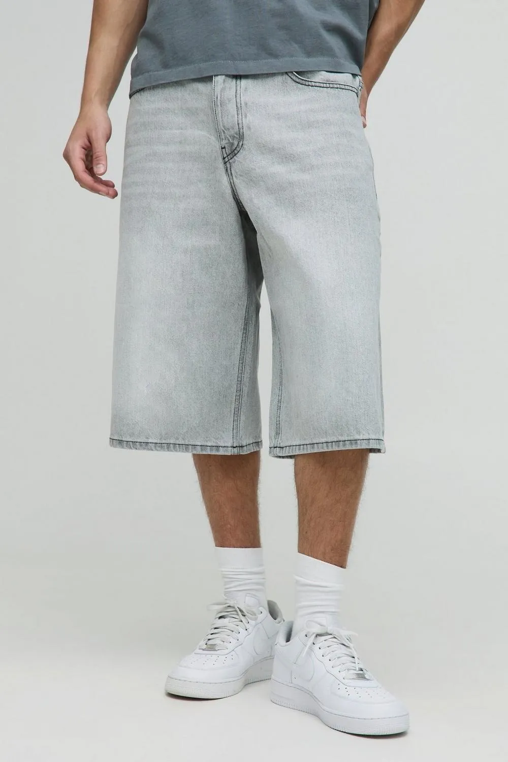 Longline Light Grey Washed Cotton Seven Points Denim Jorts
