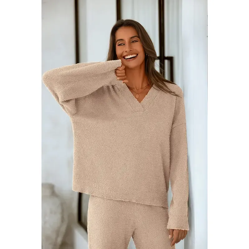 Women's 2-Piece Lounge Set Soft Chunky V Neck Tops& Wide Leg Long