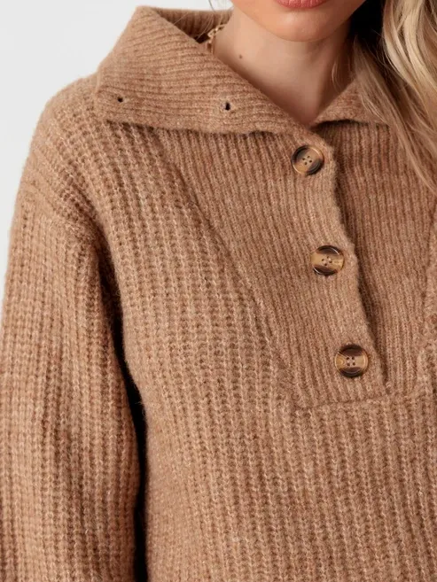 100% Wool Button-Up Neck Pullover Sweater