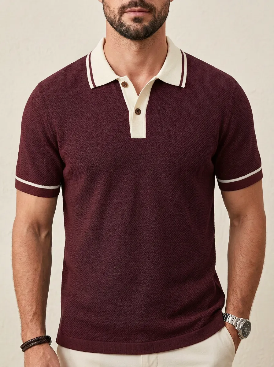 Men's Knit Ribbed Textured Contrast-Collar Contrast-Trim Polo Shirt