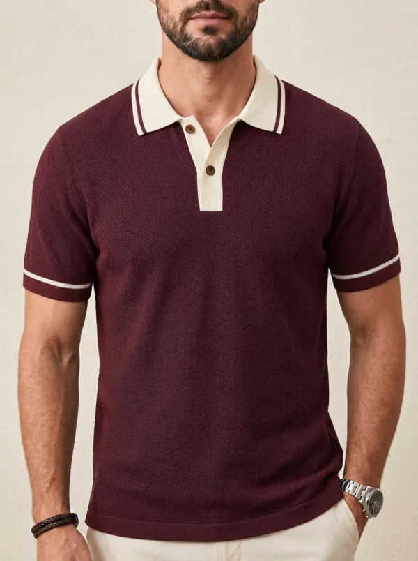 Men's Knit Ribbed Textured Contrast-Collar Contrast-Trim Polo Shirt