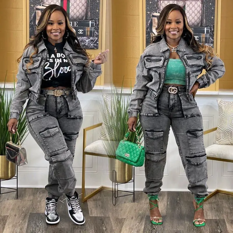 Two-Piece Women's Fashion Sexy High Elastic Multi-Pocket Washed Denim Casual Set