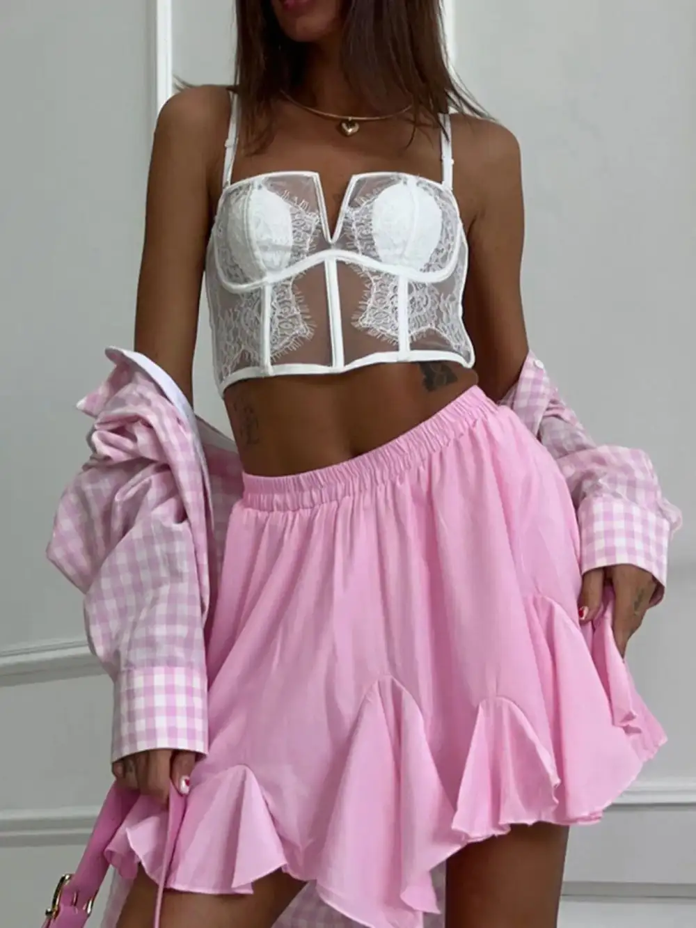 Ruffle Trim Elastic Skirt