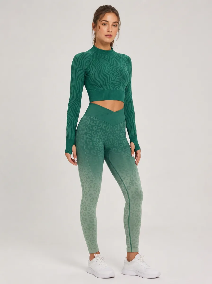 Women's Gym Fitness Green Leopard Printed Seamless Yoga Set