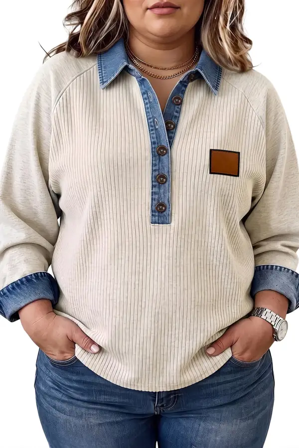 Color Block V Neck Ribbed Relaxed Long Sleeve Top