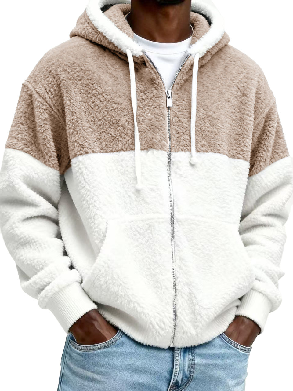 Men’s Stylish Casual Patchwork Plush Warm Long-sleeved Hooded Jacket