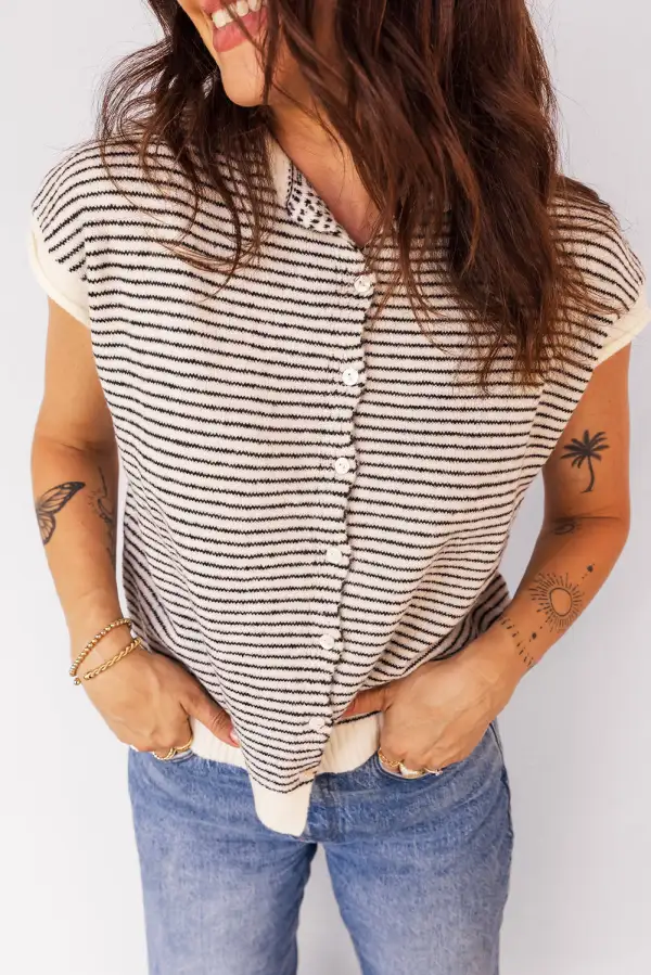Contrast Trim Cap Sleeve Button Front Casual Cardigan