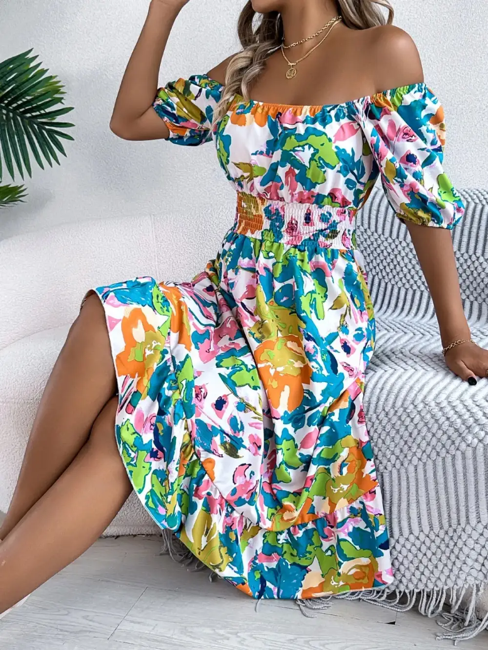 Textured Ruffle Trim Smocked Dress