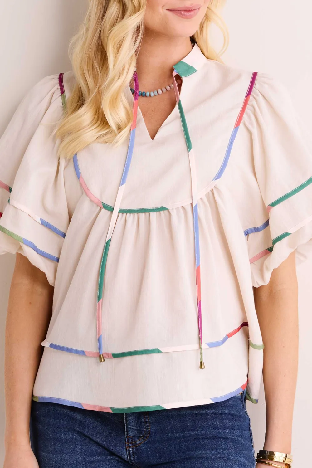 Multicolored Trim Puff Sleeve Drawstring Top
