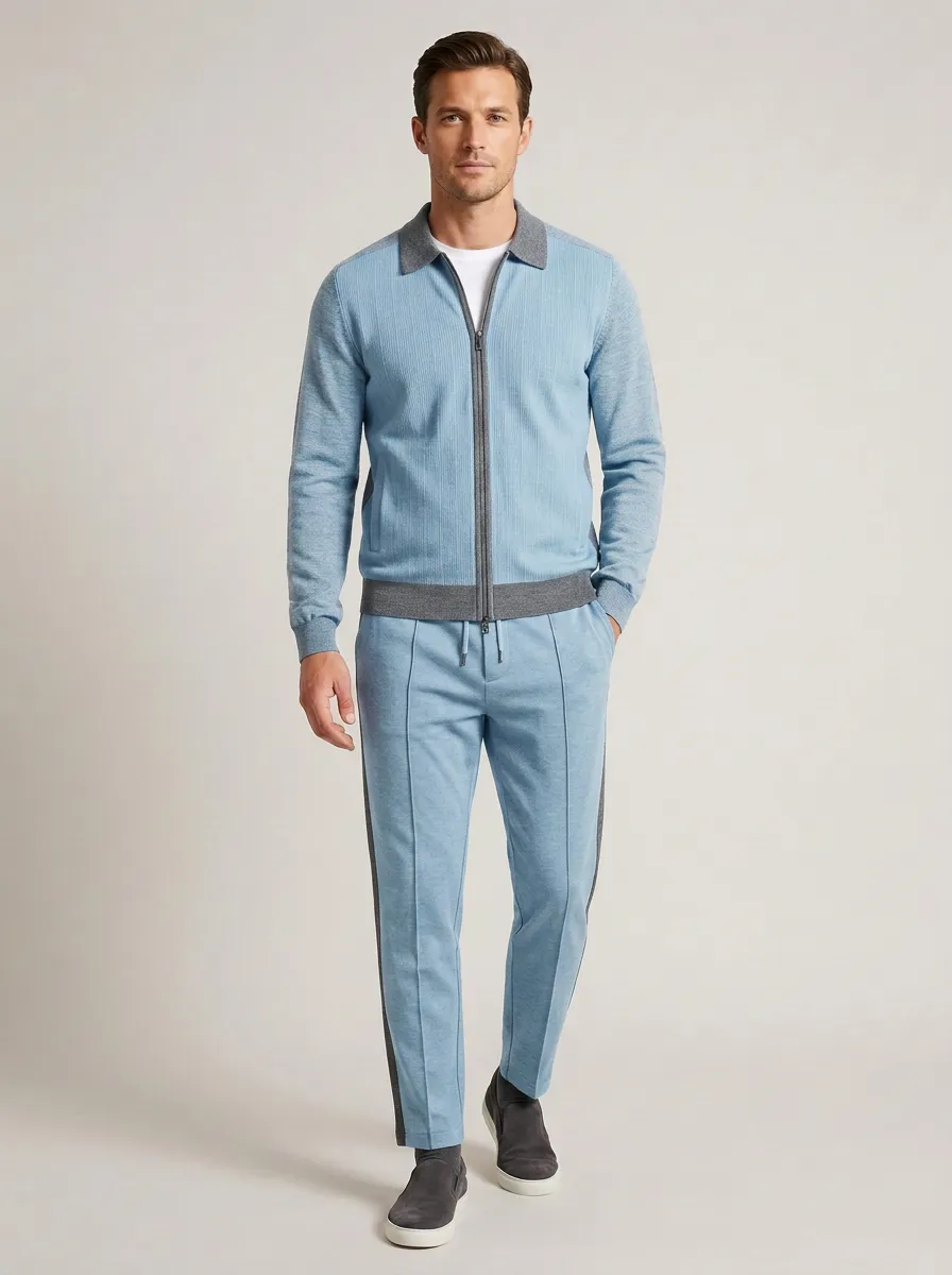 Men's Modern Zip-Up Polo Collar Jacket and Jogger Pants Set