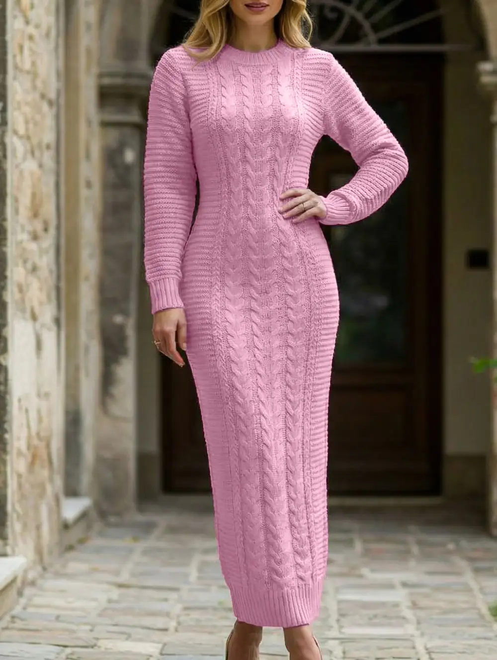 Cable Knit Long-Sleeved Wool Dress