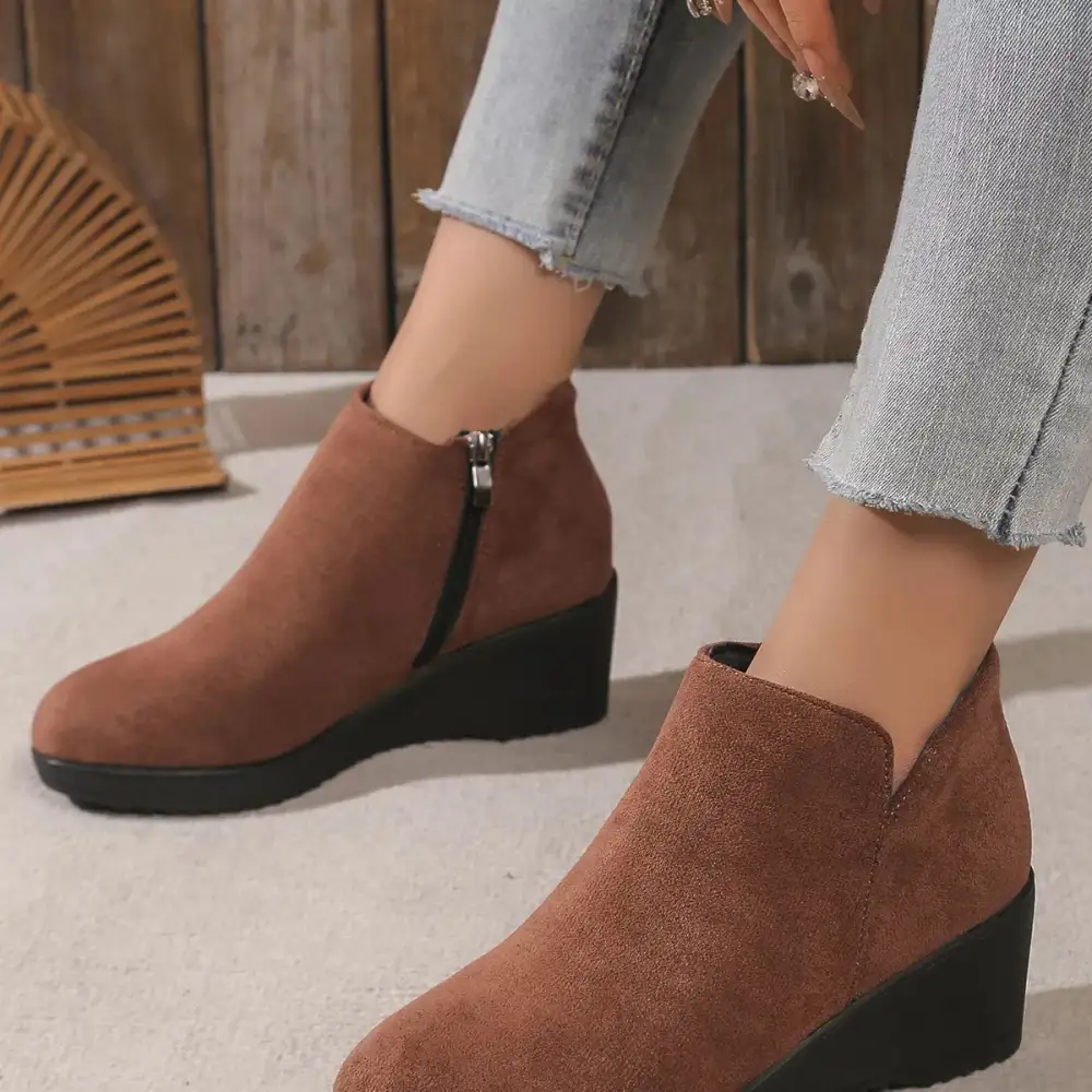 Textured Round Toe Wedge Ankle Boots