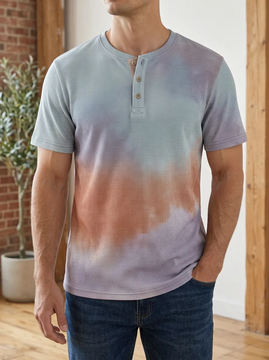 Men's Classic Casual Style Tie-Dye Waffle Knit Henley T-Shirt