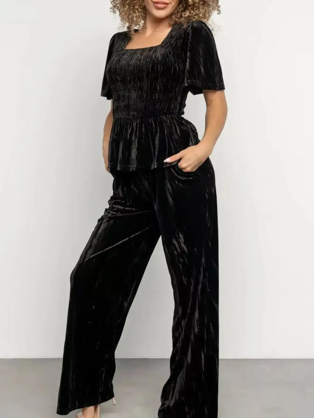 Velvet Top and Wide Leg Pants Set
