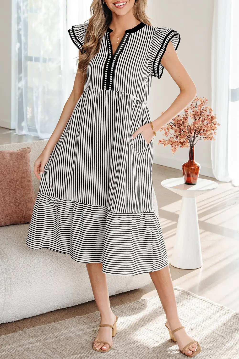 Comfort Fit Striped V Neck Ruffle Midi Dress