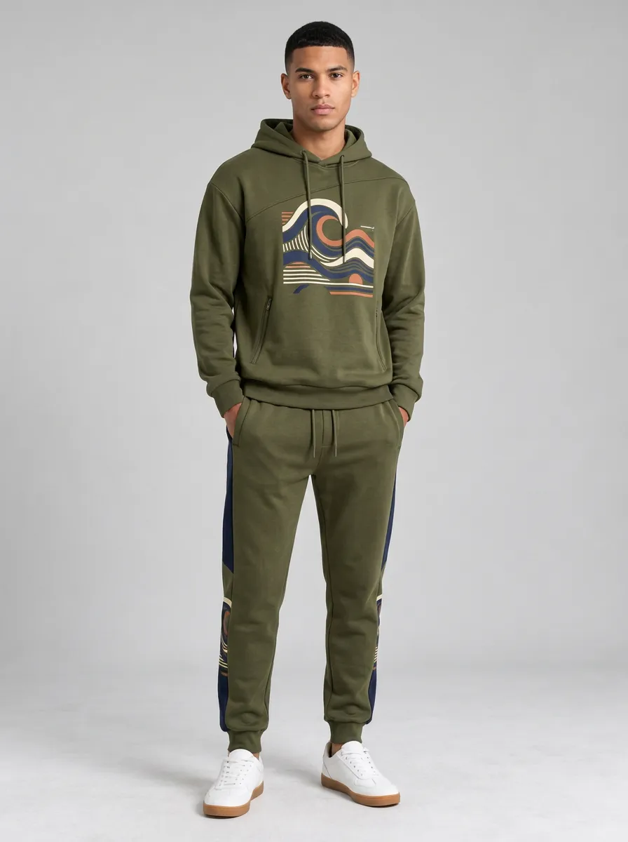 Men's Abstract Ocean Wave Printed Hoodie and Jogger Set