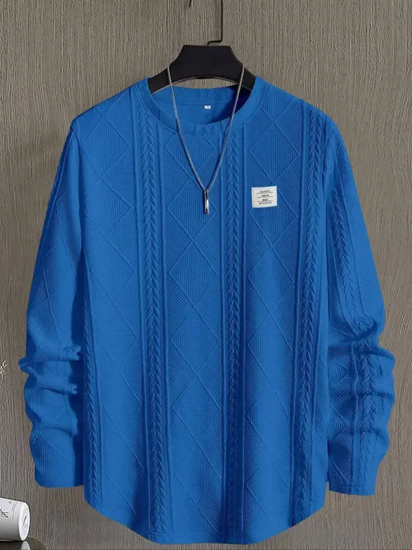 🔥Last Day 48% Off-Men's Regular Fit Patched Detail Textured Knit Tops, Casual Long Sleeve Round Neck T-shirt for All Seasons, Fashion Men's Knit Top for Daily Wear