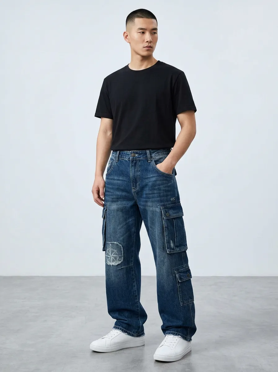 Men's Compass Graphic Distressed Denim Printed Cargo Pants