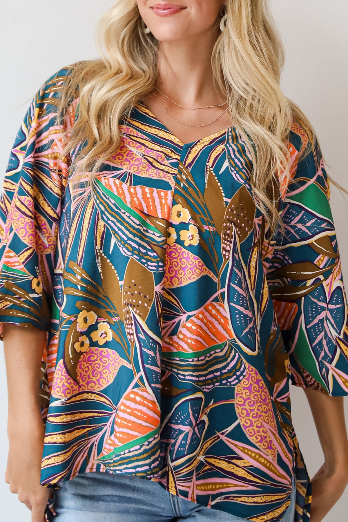 Incredible Allure Teal Leaf Print Oversized Blouse