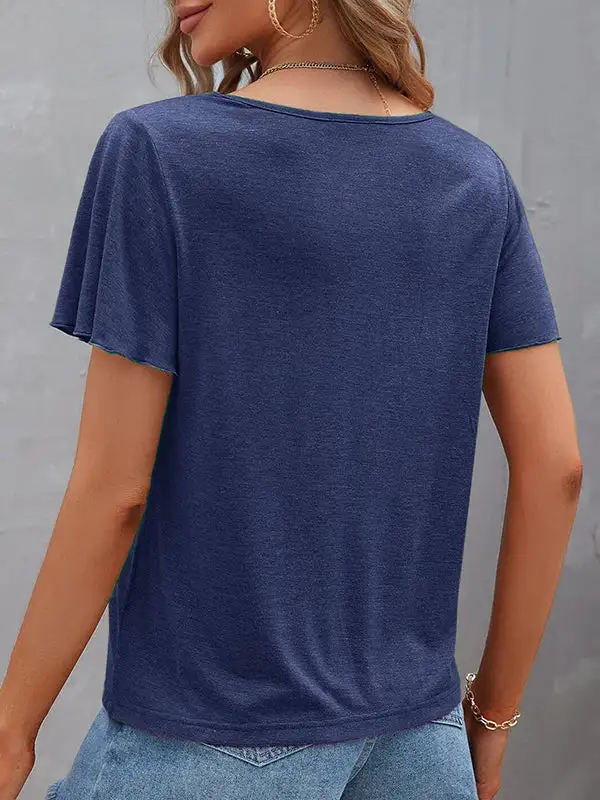 Relaxed Curve Fit Cutout Panel Detail V-Neck Polyester T-Shirt