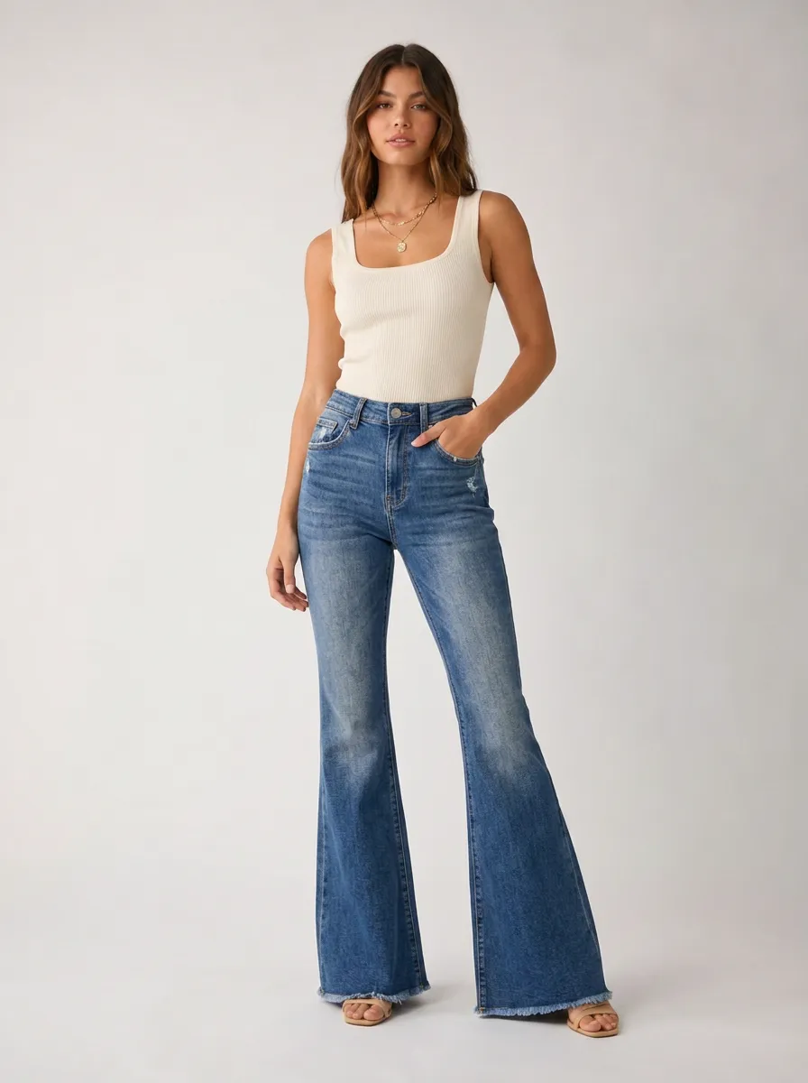 Women's Casual Fashion Distressed Raw Hem Printed Flare Jeans