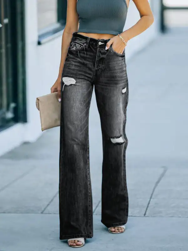Relaxed Wide Leg Ripped Washed Denim Jeans
