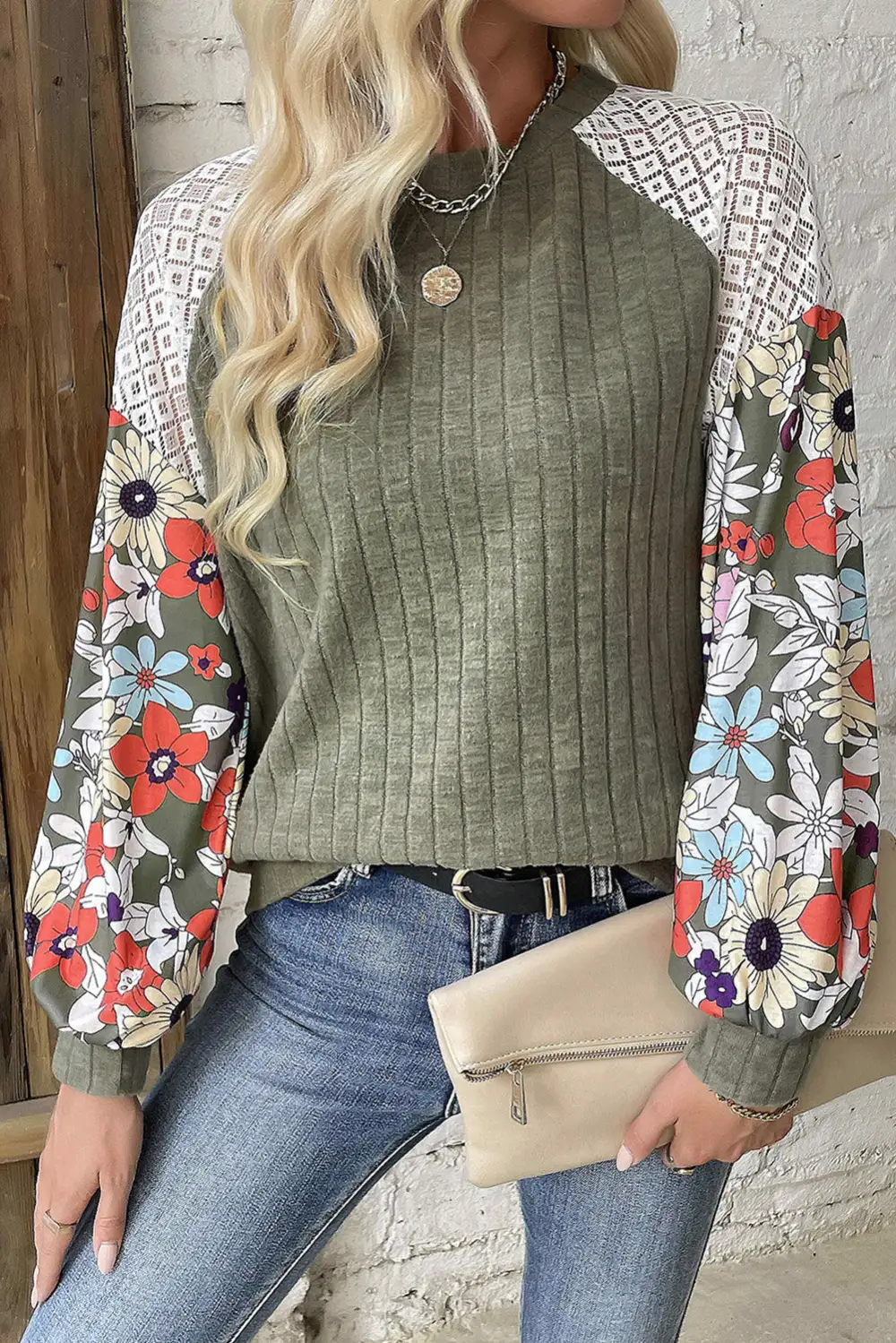 Floral Ribbed Patchwork Blouse