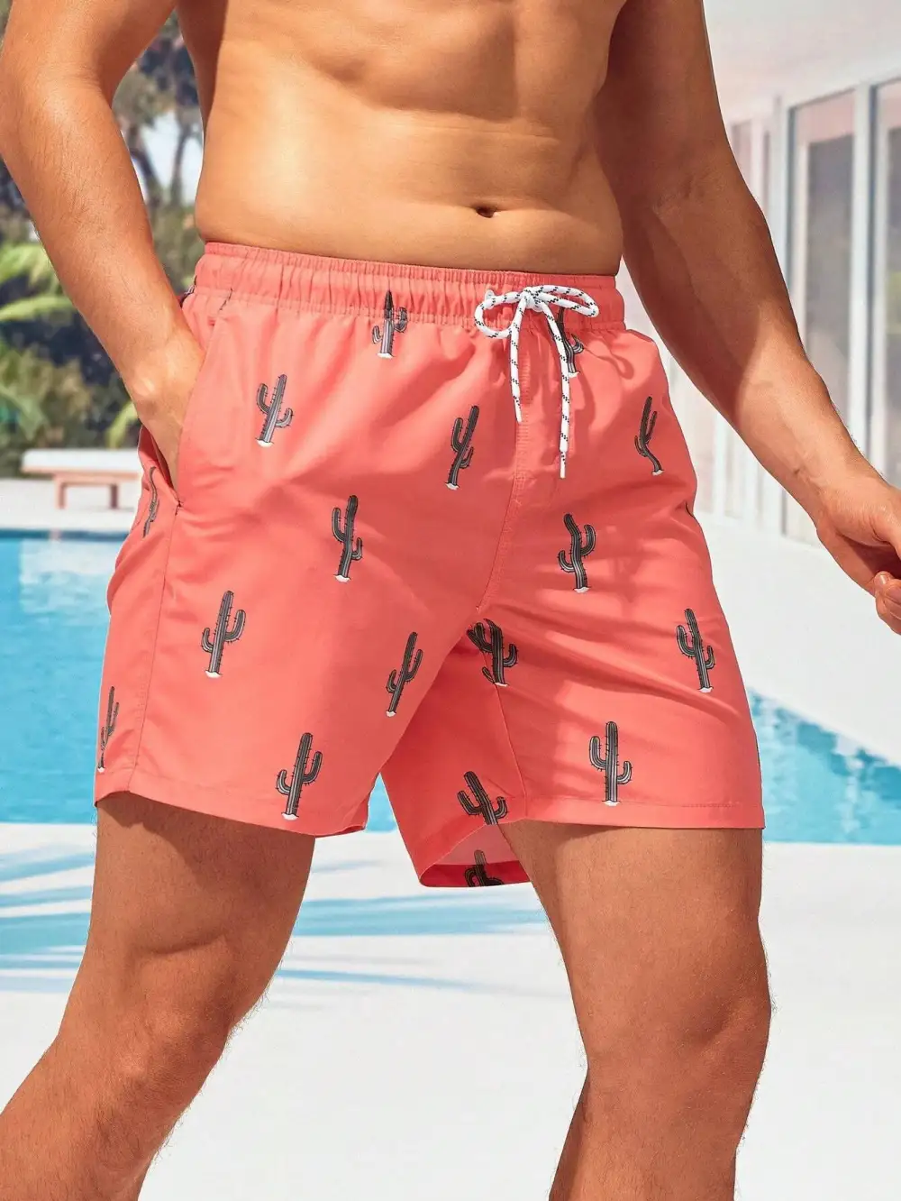 Men's Cactus Print Drawstring Swim Trunks