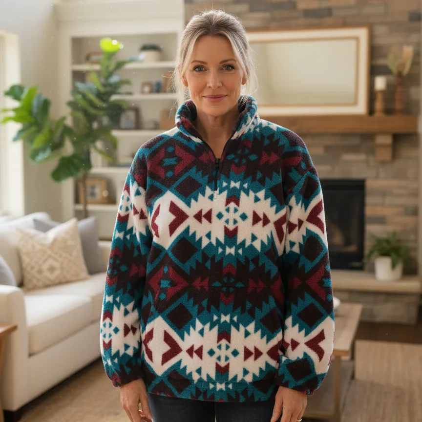 🎁Halloween Sale 49% Off - Casual Ethnic Pattern Zipper Sweatshirt – Drop Shoulder Long Sleeve Pullover with Stand Collar, Soft & Comfy Fit